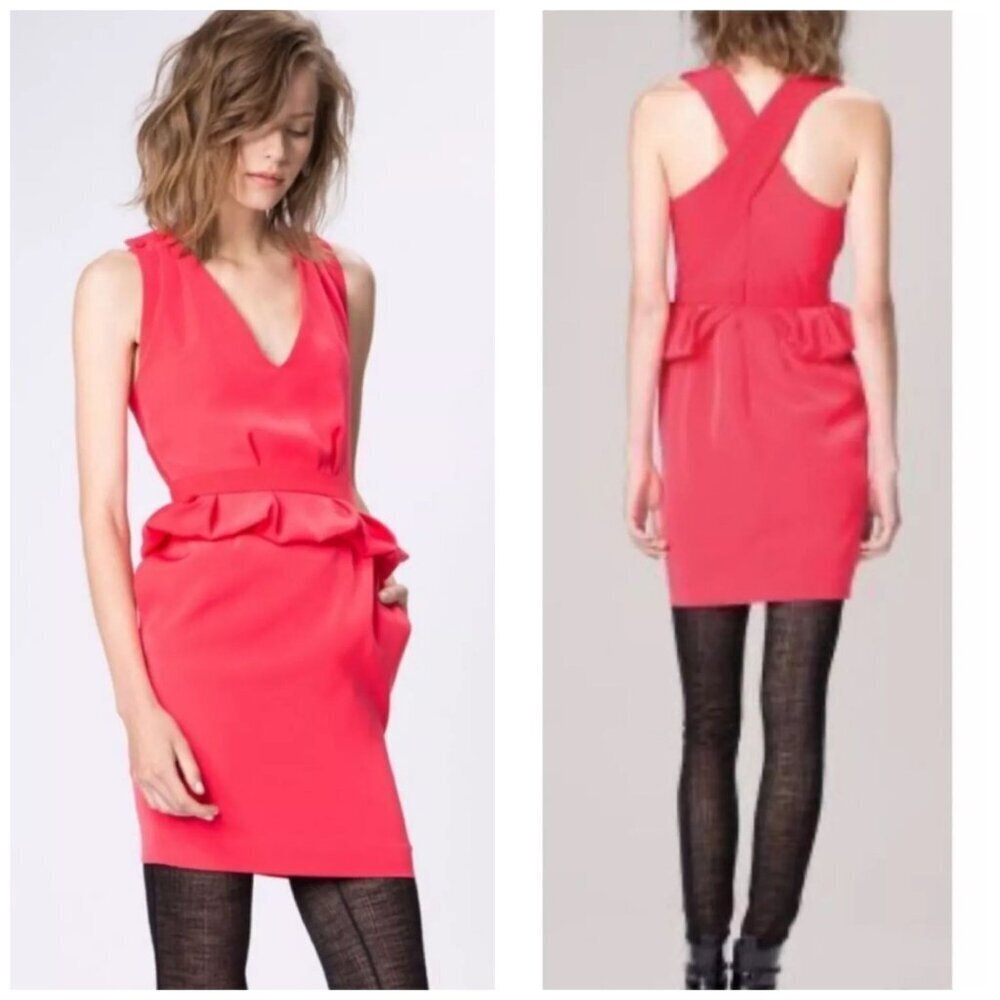 MAJE Structured Peplum Robe Dress in Framboise Red Formal Women's Sz 1 (Small)